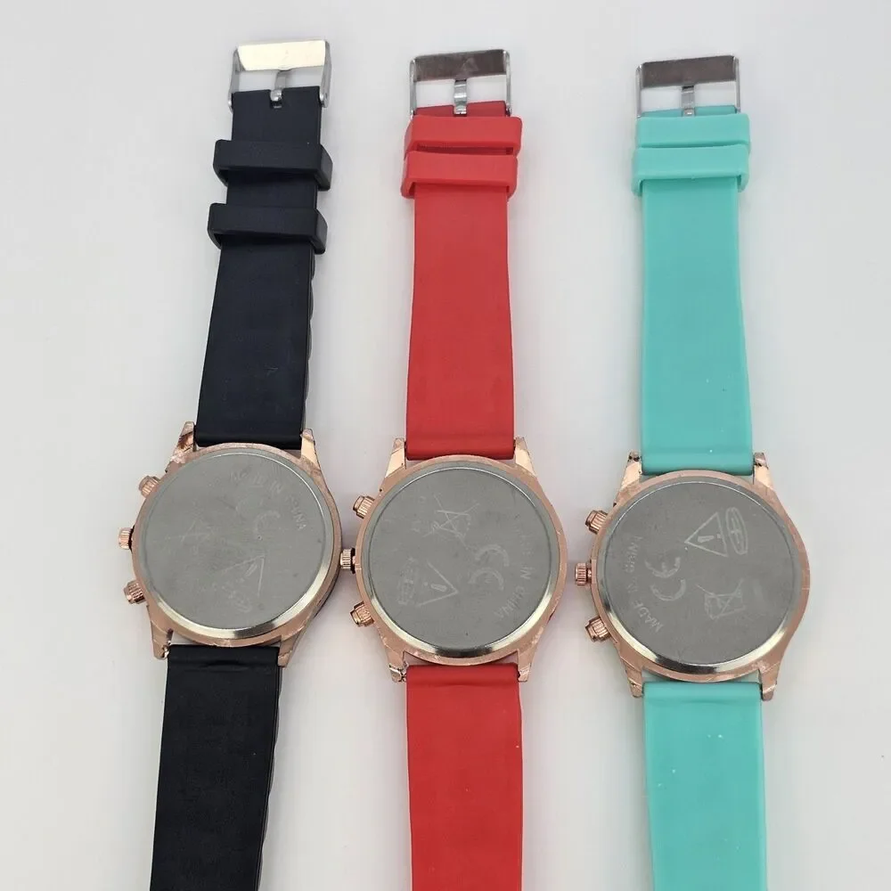 3X Analog Women's Fashion Watches 38MM Black Red Teal Dial‎ Plastic Band Straps